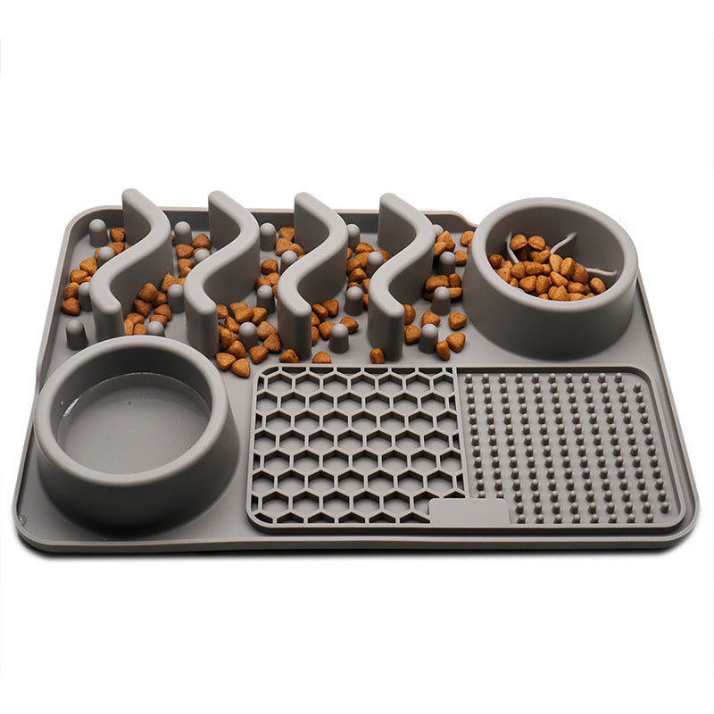 Bichoushop graue multifunktionale Anti-Schling-Futterstation aus Silikon mit Schleckmatte und Futternäpfen für Hunde