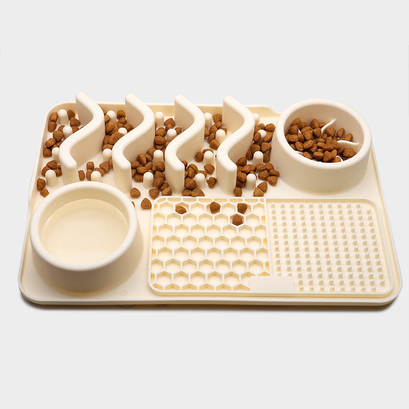 Bichoushop multifunktionale Anti-Schling-Futterstation aus beigem Silikon mit Schleckmatte und verschiedenen Fächern