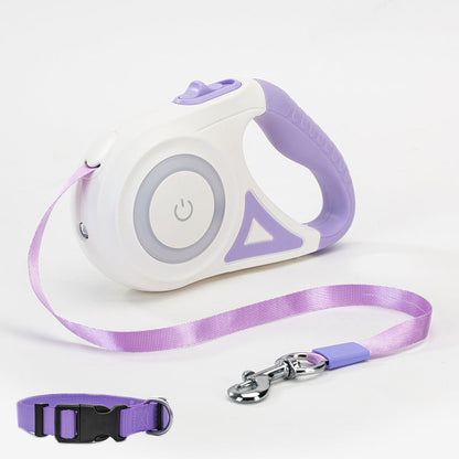 Bichoushop automatische Hundeleine in Weiß und Lila mit integrierter LED-Beleuchtung und passendem Halsband