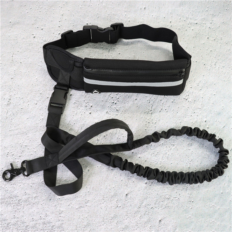 Bichoushop freihändige Hundeleine mit schwarzem Bauchgurt, Reißverschlusstasche, reflektierendem Streifen und Bungee-Leine