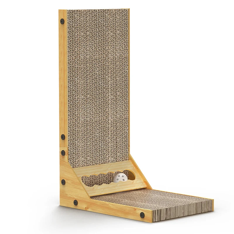 Bichoushop L-förmiges Katzenkratzbrett aus Wellpappe mit Holzrahmen, integrierter Spielkugel und vertikaler Kratzfläche.