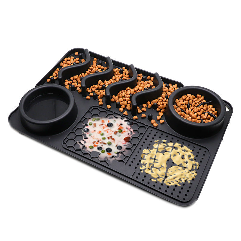 Bichoushop multifunktionale schwarze Anti-Schling-Futterstation aus Silikon mit Schleckmatte und Futternäpfen