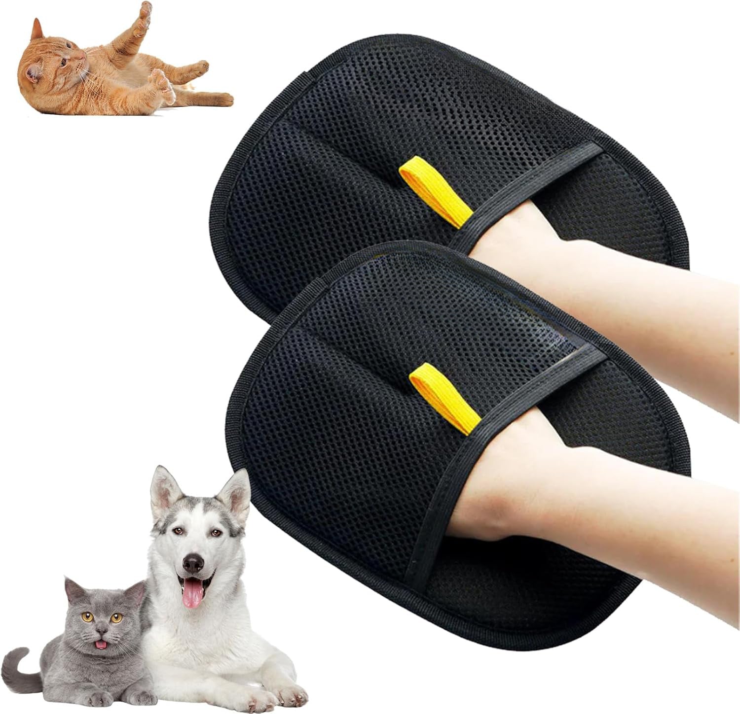 Bichoushop Tierhaarentfernungshandschuh mit schwarzem Mesh-Gewebe und gelber Schlaufe zur effektiven Reinigung von Textilien