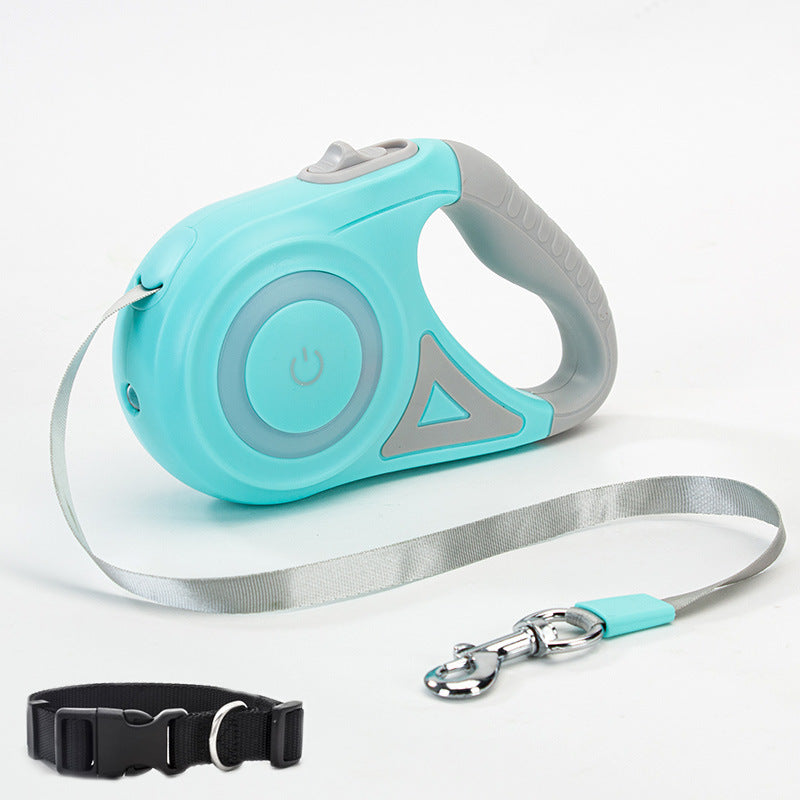 Bichoushop automatische Hundeleine in Türkis mit LED-Licht, ergonomischem Griff und passendem schwarzem Halsband.