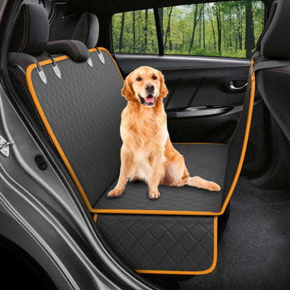 Bichoushop wasserdichte Rücksitz-Schutzdecke in Schwarz mit orangefarbenen Rändern und Netzfenster für Hunde im Auto
